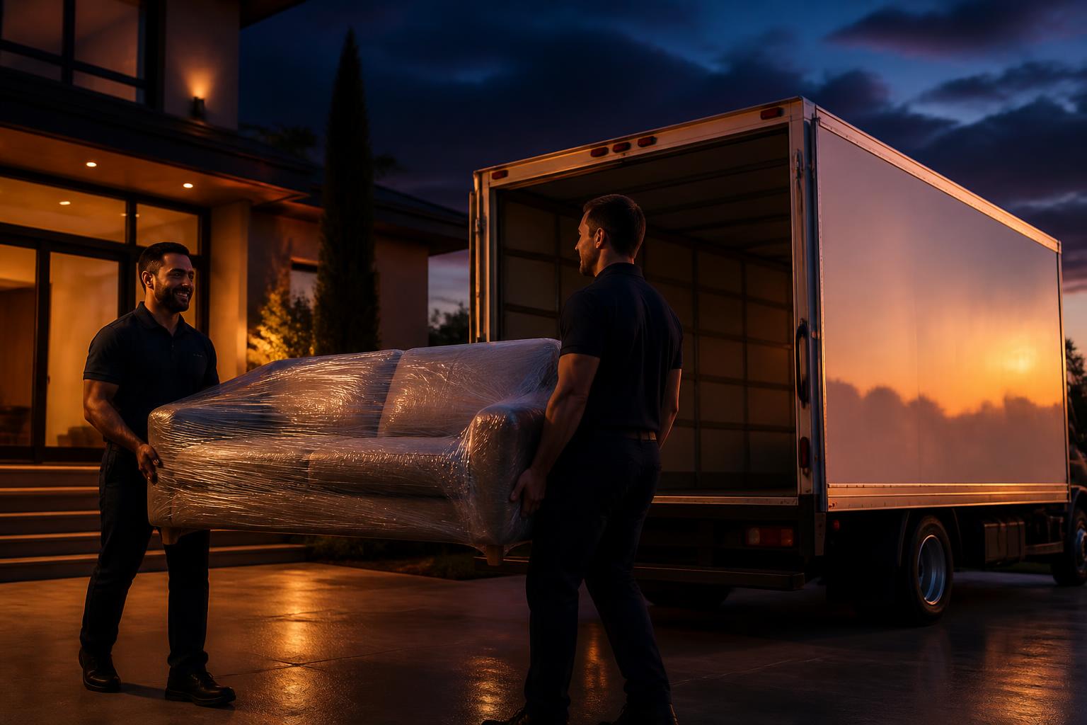 Movers von AQ Umzug verladen sorgfältig verpackte Möbel in einen Umzugswagen